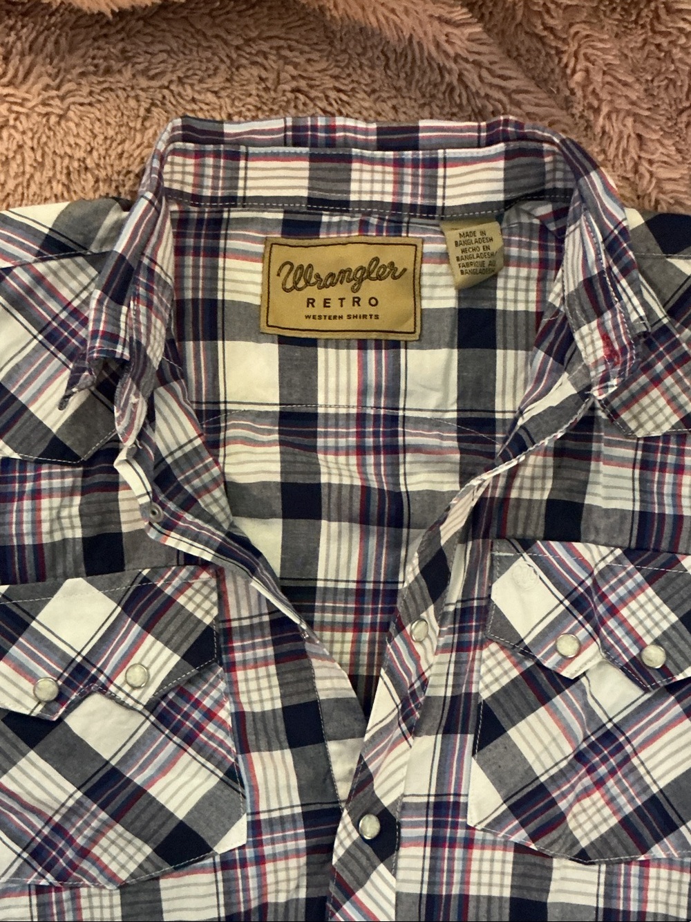 Wrangler Retro Men's Navy, White & Red Plaid Pearl Snap button Shirt